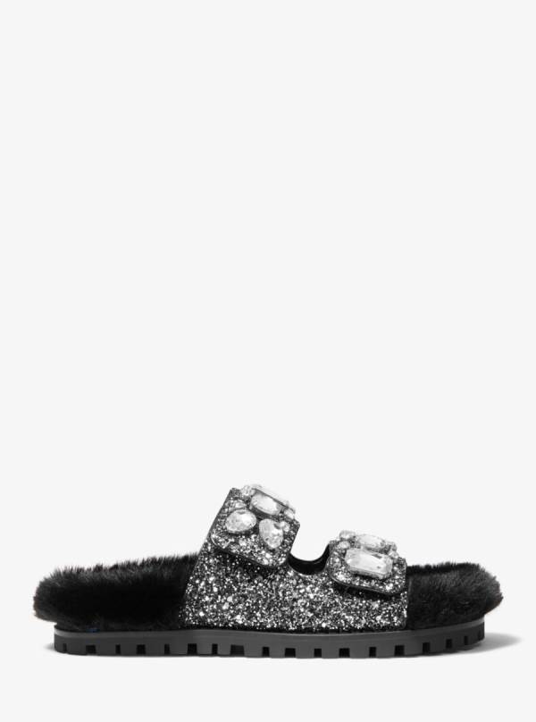 Damske Slapky Michael Kors Stark Embellished Glitter and Faux Fur Čierne Strieborne - Topanky Michael Kors Sleva | AVMRS-6357